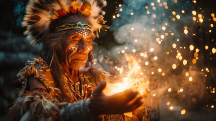 An elderly shaman expertly conjures flames in his hands, embodying a deep connection to tradition, nature, and the spiritual journey of humanity.