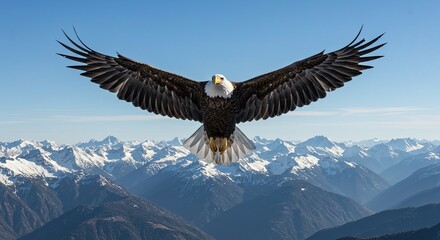 Majestic Bald Eagle Soaring High Above Snow-Capped Mountains on a Clear Blue Sky Day