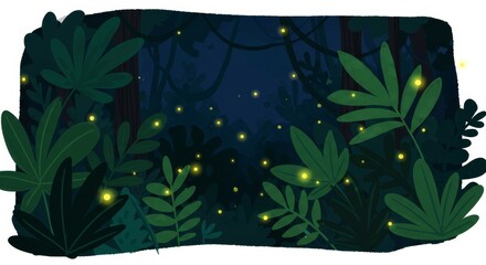 Firefly Magic in the Rainforest - Enchanting rainforest scene at night, fireflies glowing, lush foliage, magical atmosphere, tranquility and nature's wonder