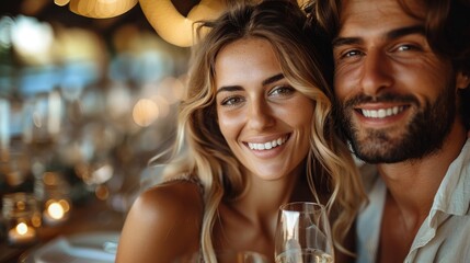 A joyful couple shares a beautiful moment filled with love and happiness, raising glasses in celebration at a festive gathering with soft, glowing ambiance.