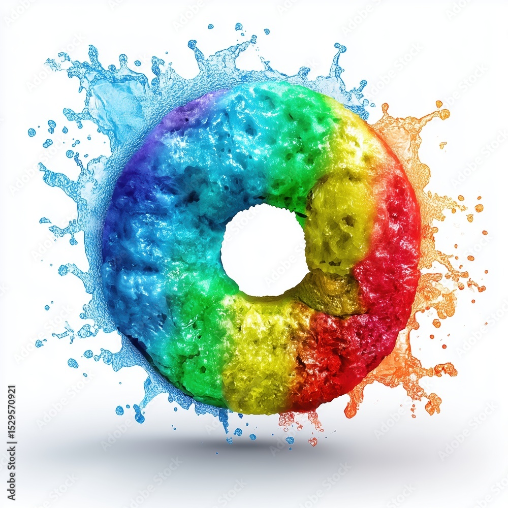 Aufkleber photorealistic rainbow doughnut sculpted from snowy particles on a pristine white background, no sha