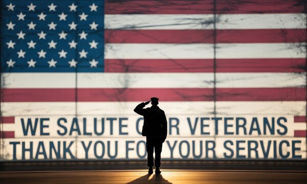 Saluting silhouette against american flag background veterans appreciation