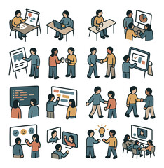 Productivity scenes isometric set. team planning session, solo focus avatar, group pitch table, design review in progress, shared whiteboard moment, casual