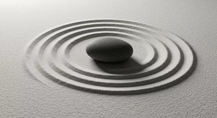 Papier peint photo Beige A single smooth rock creating ripples in a serene sand garden  © 2Blurry