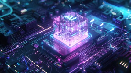 Fototapeta premium The future of AI A luminous AI cube rests on a tech powered circuit board highlighting technological