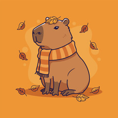 Cute Capybara in Autumn with Scarf and Leaves