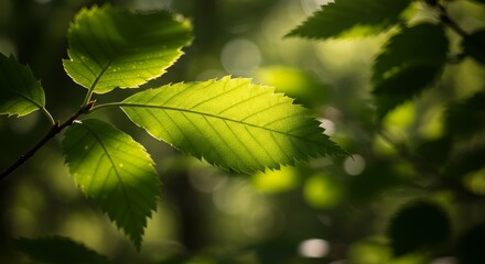 Sunlit Green Leaves in Forest - Close-up of vibrant green leaves illuminated by sunlight, creating a bokeh effect in the background. Perfect for nature, spring, and environmental themes