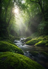 Obraz premium Sunlit Forest Stream - Serene stream flowing through a lush green forest, sunlight filtering through the trees. Moss covers rocks along the banks
