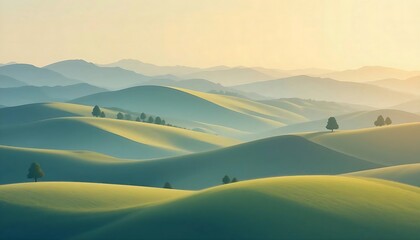 Fototapeta premium An artistic illustration of rolling green hills and a gentle valley under a bright, clear sky with subtle clouds, conveying a peaceful and expansive rural landscape.