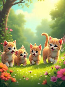 Five adorable kittens explore a lush green garden full of vibrant flowers and sunshine