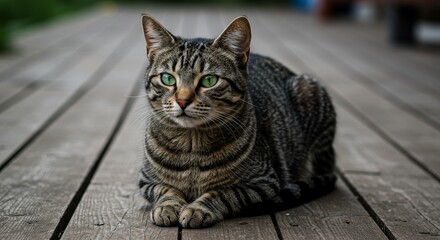 Tabby Cat on Wooden Deck - A beautiful tabby cat with striking green eyes rests on a weathered wooden deck. The symbolizes peace, serenity, companionship, domesticity, and feline grace