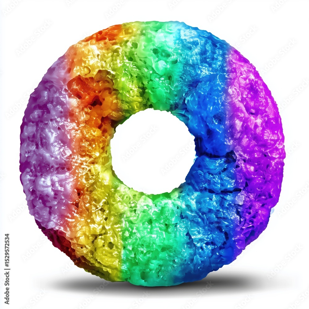 Poster photorealistic rainbow doughnut sculpted from snowy particles on a pristine white background, no sha