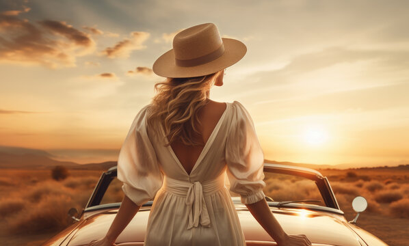 A serene woman gazes at the sunset while elegantly standing by a classic convertible car, symbolic of freedom and adventure in a picturesque landscape.