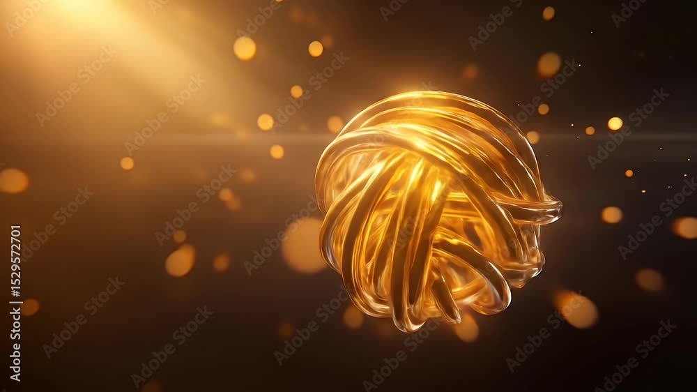 Poster abstract golden sphere with intricate metal twirls floating in a shimmering golden particle field ra