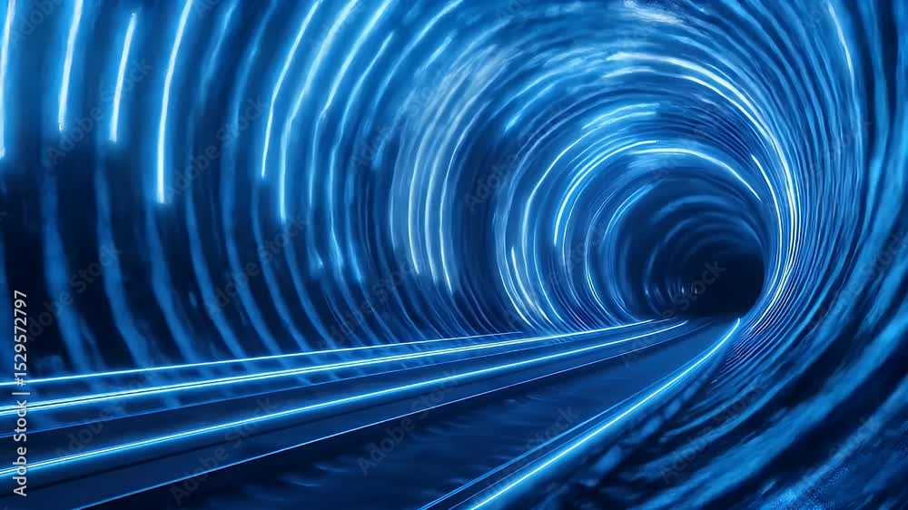 Poster abstract blue light tunnel with circular lines in dark space creating a futuristic motion effect and