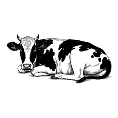 Sleeping Lying Dairy Cow with Black Spots Black and White Outline Line Art Drawing