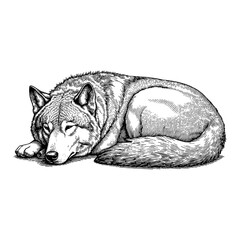 Sleeping Lying Wolf Engraving Illustration Isolated Object Vintage Black and White Outline Line Art Drawing