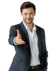 Handshake of Partnership: A smartly dressed professional extends a welcoming hand, exuding confidence and embodying the essence of a successful business deal.