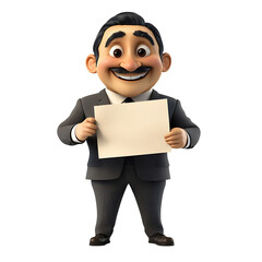 Presentation of Professional: A professional male character stands confidently, holding a blank sign. The man conveys a message with expressive gestures.