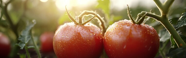 Brightly colored tomatoes, covered in water droplets, shine under warm sunlight in a lush garden. The natural environment enhances their freshness, evoking a sense of tranquility