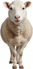 Fluffy sheep with thick white wool and calm expression, isolated on a transparent background. Natural texture and lifelike details with soft and clean appearance.

