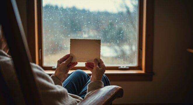 Elderly person in rocking chair holding blank photo mockup by window