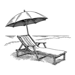 Relaxing Beach Chair Under Umbrella Near Ocean Shore Black and White Outline Line Art Drawing