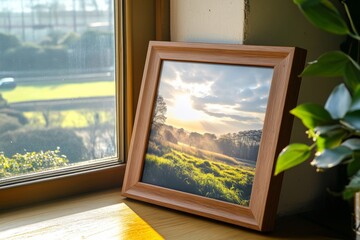 A wooden frame displays a tranquil landscape near a sunlit window, highlighting lush greenery and a soft, golden light that enhances the calm atmosphere of the environment