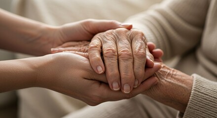 Close-up of caregiver comforting senior patient by holding her wrinkled hands