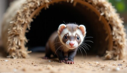 Adorable ferret exploring natural habitat