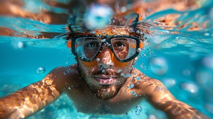 Naklejka premium A swimmer exploring the depths of a clear ocean, wearing diving gear and surrounded by bubbles, creating a stunning scene capturing the beauty of underwater adventure.
