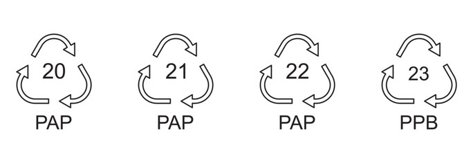 Paper recycling code icon set. recycling codes 20, 21, 22, 23. pap recycling symbols. plastic, recycle, symbol, code, icon. Paper. Paper recycling codes vector isolated on white background.