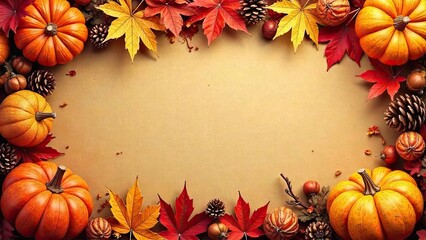 Autumn-themed frame with colorful leaves, pumpkins, and pine cones. Blank space for text. Ideal for Halloween or seasonal decorations, banner, copy space.
