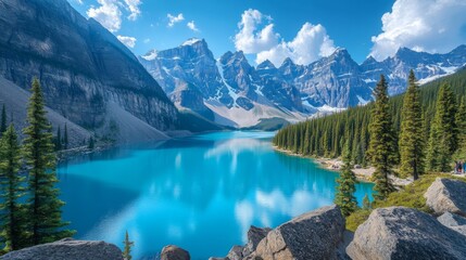 Vibrant Blue Lake Surrounded by Majestic Mountains