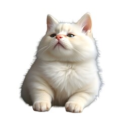 Depicts a white cat with soft, fluffy fur.