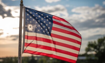 American flag waving outdoors under partly cloudy sky