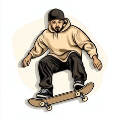 Fototapeta premium Male Skateboarder in Tan Hoodie Performing Aerial Trick, Pixel Art Illustration