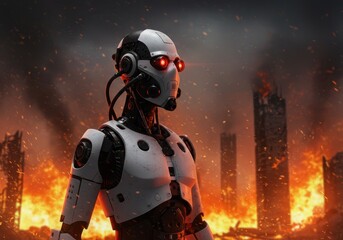 Fototapeta premium Post Apocalyptic Robot Amidst Burning Cityscape