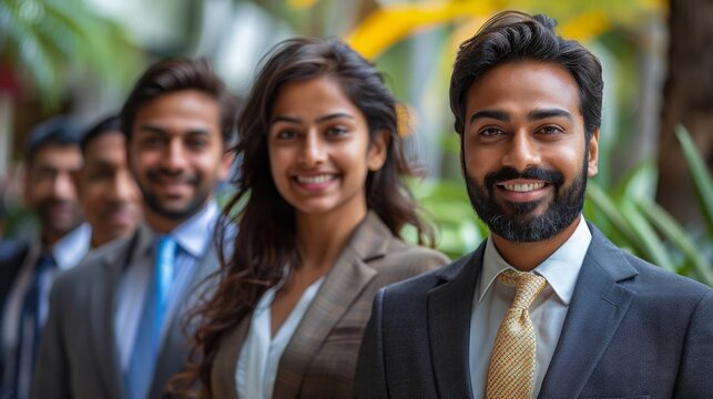 A diverse group of smiling professionals stands confidently, showcasing unity and teamwork in a vibrant green outdoor setting, perfect for conveying a positive work environment. - Powered by Adobe