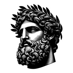 Bearded Greek Statue Head with Head Ornament Ancient Classical Mythology Black and White Outline Line Art Drawing