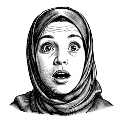 Black and White Outline Line Art Drawing of a Hijabi Girl with Very Shocked Expression Portrait