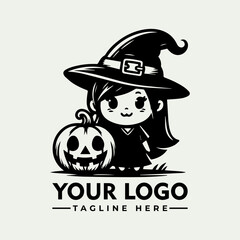 Cartoon little witch in large hat standing beside carved Halloween pumpkin with smiling face in monochrome style. Holiday concept
