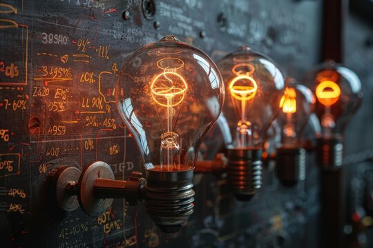 A set of vintage Edison bulbs glowing against a chalkboard background filled with mathematical equations and diagrams, showcasing an industrial and intellectual atmosphere.