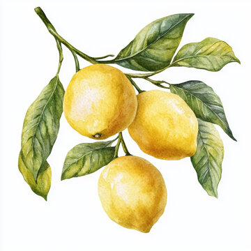 Watercolor painting of two ripe yellow lemons hanging from a branch with green leaves, isolated on a white background
