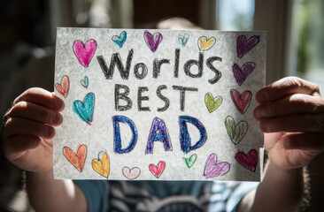 A child holding a hand made worlds best dad fathers day card