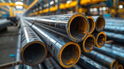 A close-up view of polished industrial pipes in a manufacturing facility, emphasizing the advanced technology and precision involved in modern production processes.
