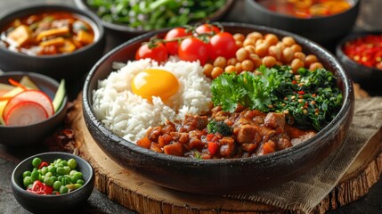 A colorful and appetizing bowl of Asian cuisine garnished with fresh vegetables and bright ingredients, showcasing the diversity and richness of a culinary experience.