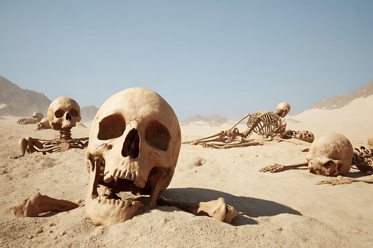 Skeletal remains scattered across the arid desert