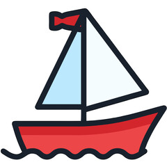Colorful Cartoon Sailboat with Red Hull and Blue Sail on Water