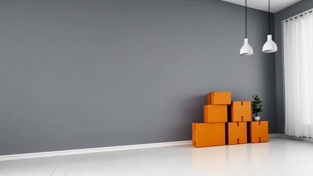 Empty Room, New Beginnings: Orange Boxes in Grey Room